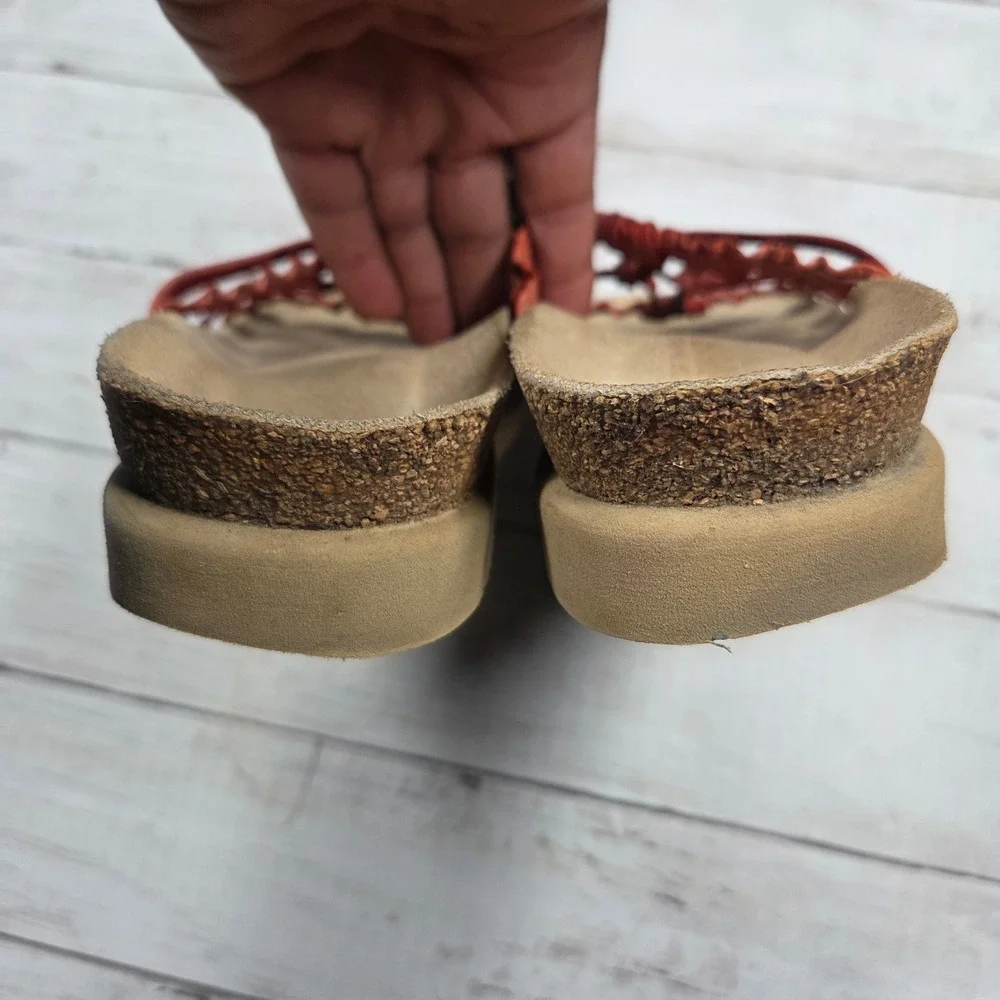 Mephisto Strappy Ruffle Leather Cork Footbed Sandals Womens 39 Red France